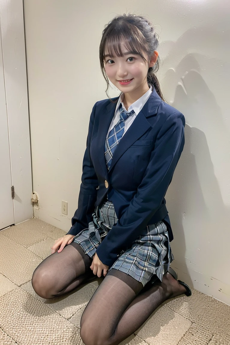 (8K), (highest quality: 1.2), (realistic), (realistic: 1.37), ultra high resolution, (1 girl、), cute, smile, closed mouth, beautiful details, beautiful nose, wet hair, giant dulcefo, pork, thighs,Self snap,High school Student Uniform,(A simple navy blue blazer),pleated skirt,(The skirt and tie are gray tartan check pattern....:1.3),(sitting:1), sit on the ground,(hug your feet:1),white pantyhose,from the front,knees、loafers、Low - Angle、From the front view、Checkered Pleated Skirt、Ponytail 1.2、Knee-high socks、barefoot、((Between the legs、Panties that fit the female genitals、White panties、膝を上げて、お尻を床に付けて座る))