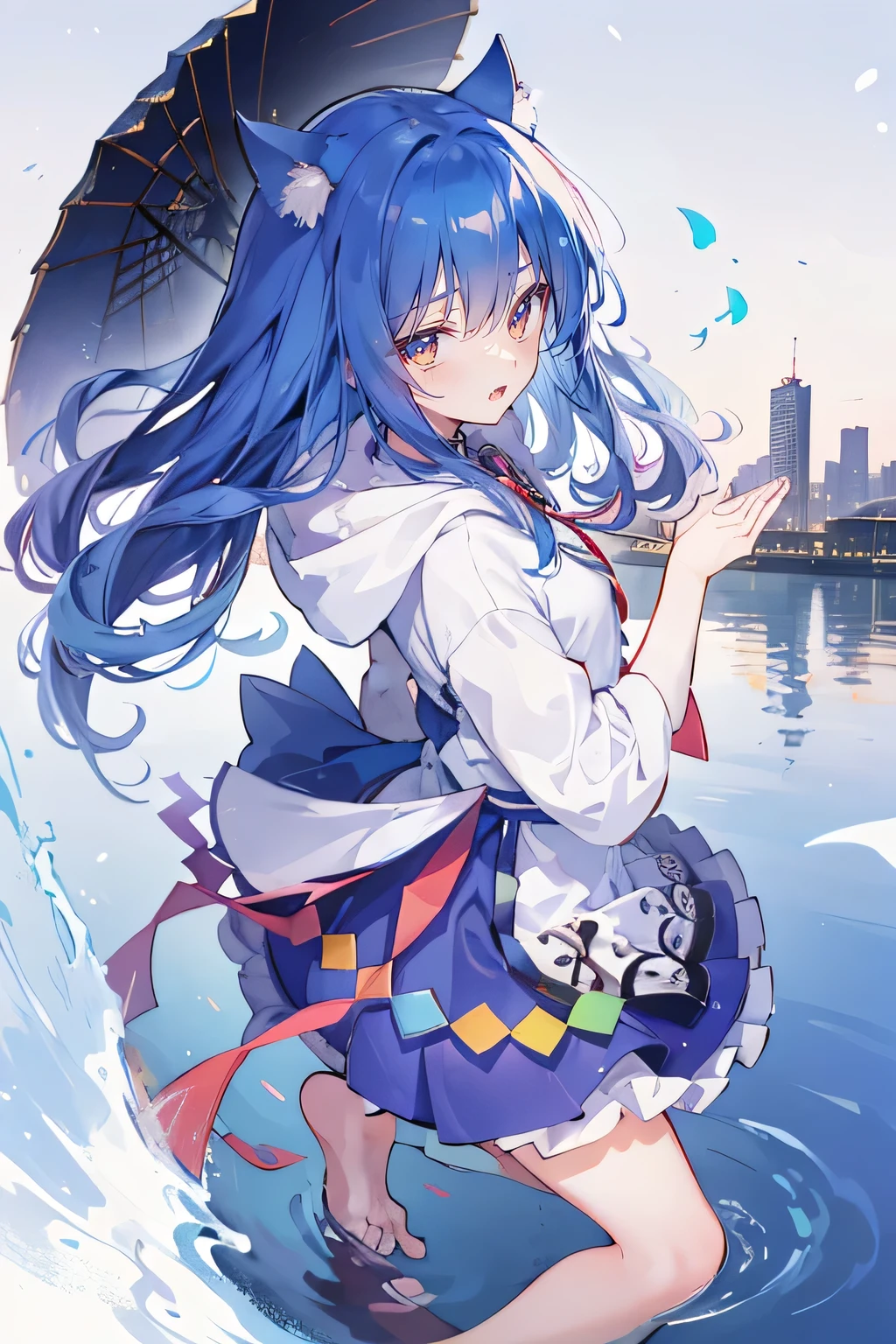 （masterpiece：1.2），Super detailed，lifelike，Expressive eyes，fair skin，perfect face shape，1 girl，
Japanese comics,Gorgeous blue hair,flowing blue hair,flowing clothes,Cat ears,Petals fall,beautiful lola,Baby Angel,
Shaking head with one hand，Cross your legs，Gentle and peaceful background，The pavilion is cool and comfortable,smile, wearing hoodie, background of tokyo,back views,snowing, winter,lie on the water. 