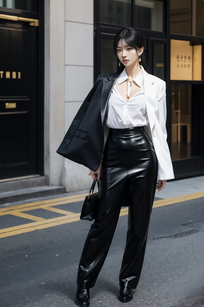 male、A Japanese person who is about 170cm tall、Skinny and slim body type、White long sleeve blouse、Black Bottoms,Black Blazer,Simple Gold Earrings,black leather shoes、Black Tote Bag、Standing in the city、Confident and mysterious、It seems a little scary、Shadows can be cast、Upper and lower body balance１versus２のmale、male
