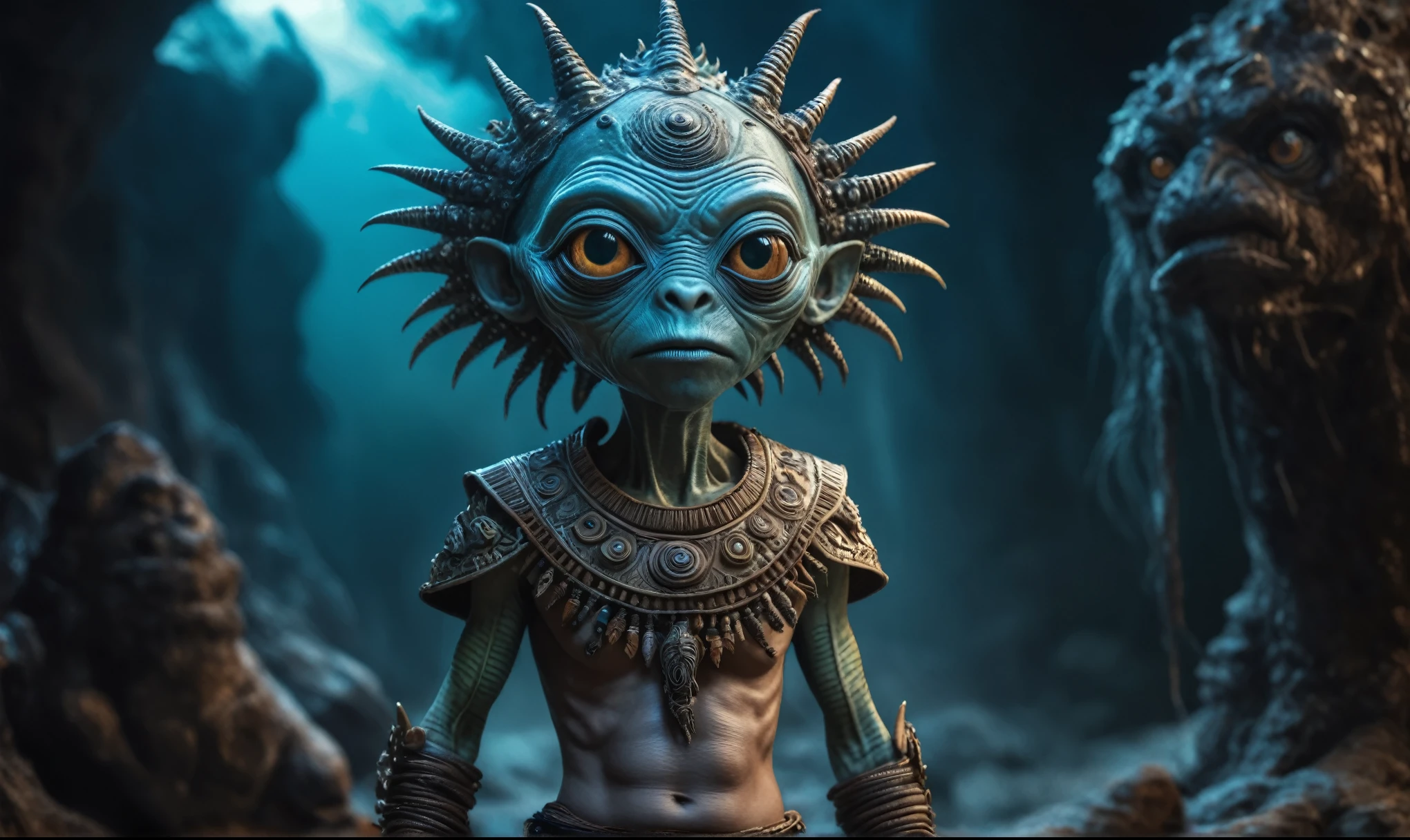full body length shot,nerd graphite  Alien Entity,native africa slave ,nowadays azctec central city,Cinematic,soft colors, Technicolor,natural skin textures, hyper realism, hyper detailed,Extremely detailed,High contrast,Masterpiece,Realistic,Ultra Detailed, intricate details,realistic humid leather,extremely intricate details,Epic Realistic, cinematic style, irina yermolova,high contrast,hdr,extremely detailed, [deep night landscape],masterpiece, intricate details, eyes extremely detailed, high detailed eyes,8k resolution,retina, Nikon Z9,Korea,orc,Egypt, Pisces, transition between two art styles, Double contact, X-ray, Creative, vivid light, fantasy, Abstract, Surrealism, super detailed, high resolution,insanity wear,skin  almost translucent,  Mestichino,Light particles,chaos,starfish's leather,Bali of Indonesia
