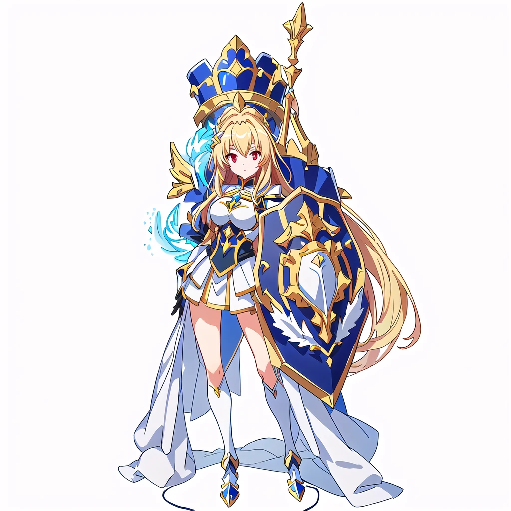 Highest quality, high resolution, High quality game art style, Official Art, Smooth game CG art,　Cute 3D anime girl render, Visual Novel Sprites, White background, whole body, Smooth anime CG art, humanoid woman, JRPG Characters, A woman in a white dress and blue armor holding a spear, Anime Goddess,Opal Armor, White feathered helmet,An intricately designed shield,Armor Girl, Exquisite white and gold armor,Golden Hair Anime Girl, Red eyes, Thin legs. long hair, Rin々Lady Knight,Large Bust,17 years old,
