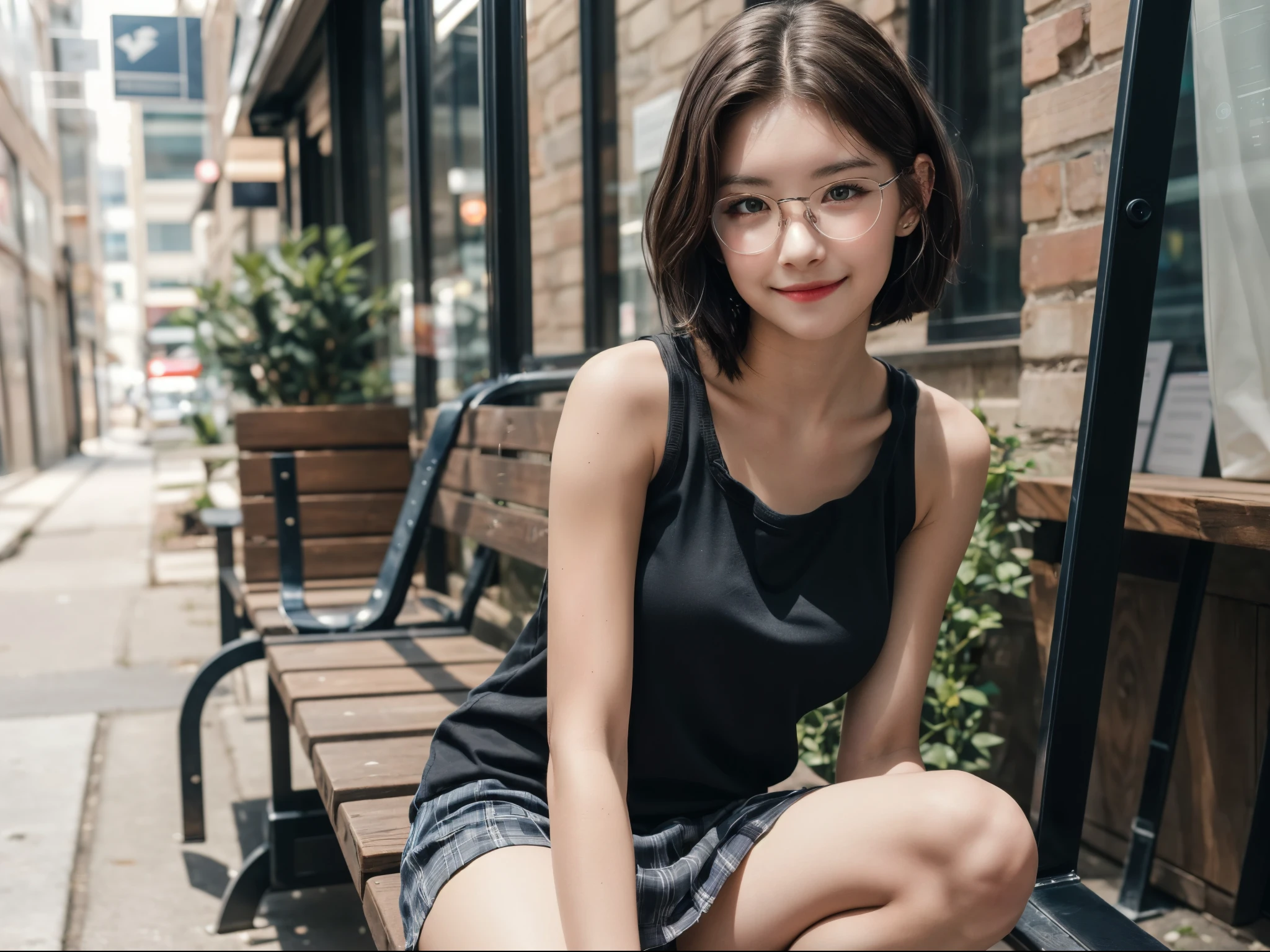 1girl, (solo:1.2), detailed face, looking at viewer, glasses, dress, sitting, short bob hair, (13yo, cute:1.2), (breasts:1.2), thighs, bench, street, alley, pedestrian, black hair, light brown hair, sexy tank top, (smile:0.6),