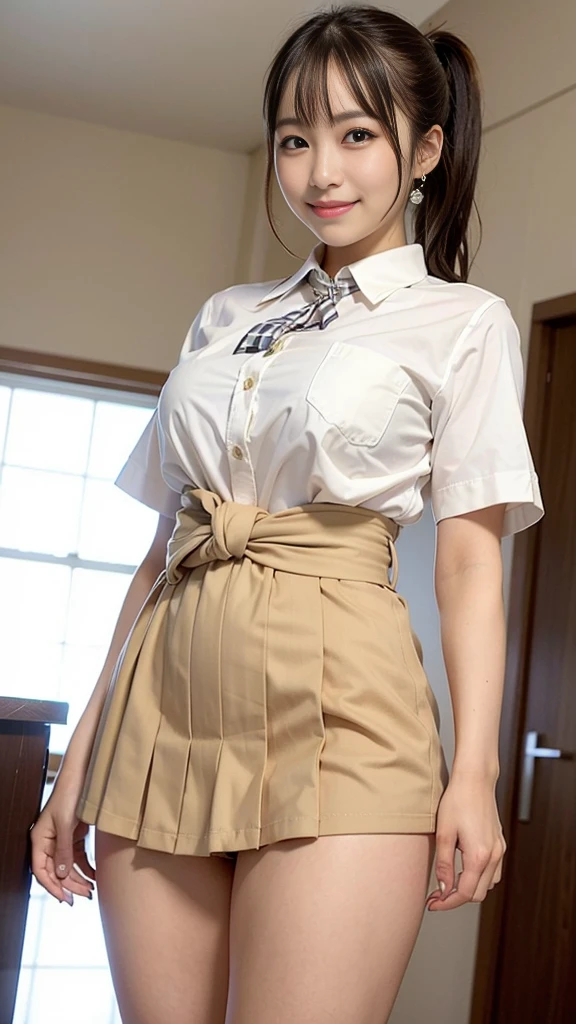 (masterpiece:1.2, highest quality), (Realistic, photoRealistic:1.4), Beautiful illustrations, wonderful、
Looking at the audience, whole body, Front view:0.6, 
1 girl, (anger:1.6)、Japanese, high School girl, ((Half Up Hair:1.3)), let your hair flow, bangs, Hair between the eyes, Big Breasts:0.8, 
Beautiful Hair, Beautiful Face, Beautiful and detailed, Beautiful clavicle, Beautiful body, Beautiful breasts, Beautiful thighs, Beautiful legs, Beautiful fingers, 
(Beautiful views), , School,
((((無地のWhite shirt、White shirt、Collared shirt、Regular collar shirt)))),((Dark blue-green checkered pleated skirt, Very short skirt,Blue and gold checked bow tie)), Satin fabric panties, 
(Are standing, , Lift up the skirt, Grab the hem of your skirt, please put your hand on your chest, put your hand between your legs), 
blush, Exposing a little cleavage、(Urinary incontinence、incontinence、Urinating、urination、Urine stains、Large amounts of urine、シャワーのようなUrinating、Pee、Peeで股間が濡れてしまう:1.9)、No discomfort、surely、stand up、Dark brown loafers、(Seen by many men、Being caressed by a man:1.9)、(young woman,18-year-old)、slender、Slender body