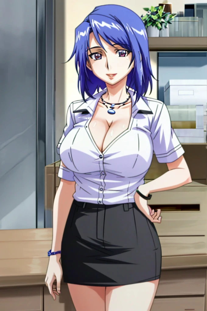 ((best quality)), ((highly detailed)), masterpiece, (detailed eyes, deep eyes), (1girl), cowboy shot, mai_katsuragi, short hair, purple eyes, white shirt, black miniskirt, necklace, jewelry, 1girl, bracelet, large breasts, black hair, miniskirt, long hair, cleavage, blurry, lips, large breasts, necklace, watch, depth of field, ring, standing, realistic, solo, blurry background, sweet smile, Office suit, in office, working, sexy, sensual