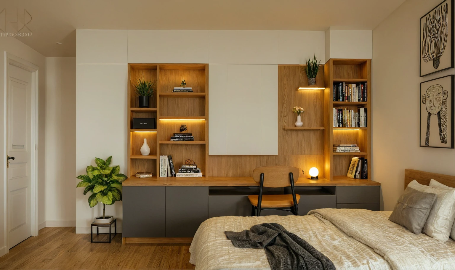 Raw photo, Masterpiece, high quality, best quality, authentic, super detail, interior, indoors,  style modern, minimalist line, wooden, oak wood, LED light, white paint wall, LIVING ROOM, PEN HOUSE, bedroom, wooden window, japan style, wasabi style, Jen style, steel stair, glass railing, paint wall decor, book shelf, 