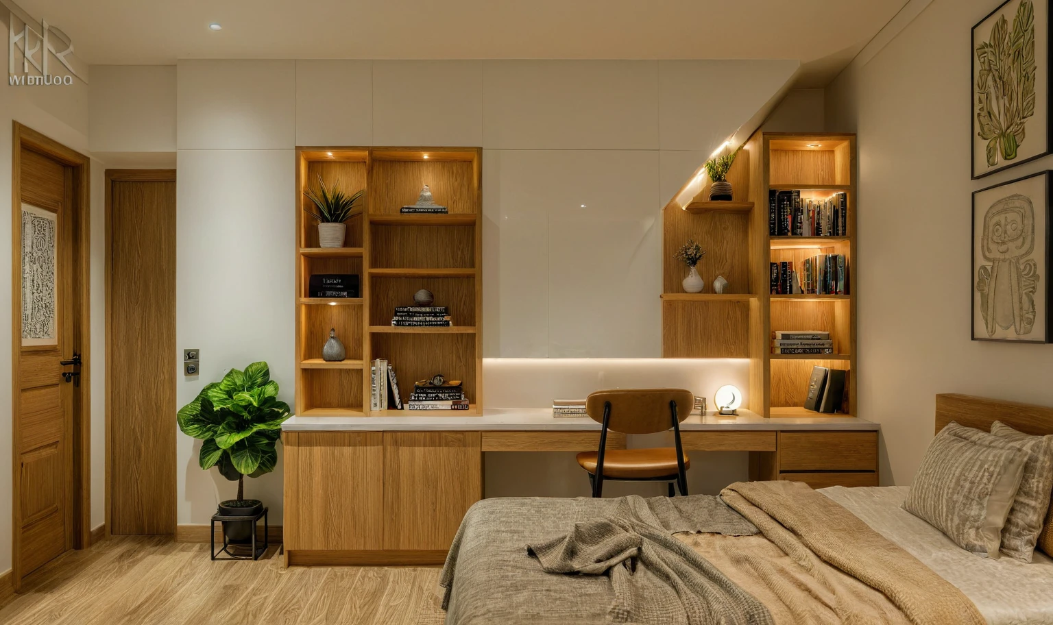 Raw photo, Masterpiece, high quality, best quality, authentic, super detail, interior, indoors, style modern, minimalist line, wooden, oak wood, LED light, white paint wall, LIVING ROOM, PEN HOUSE, bedroom, wooden window, japan style, wasabi style, Jen style, steel stair, glass railing, paint wall decor, book shelf,
