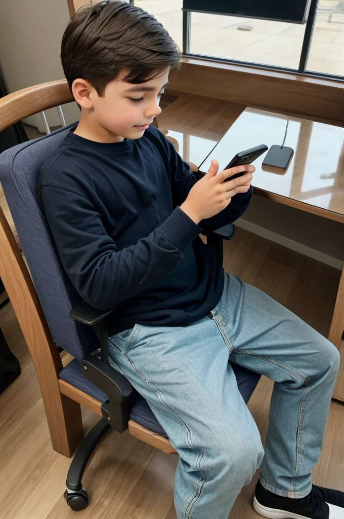 boy using mobile phone settings in chair