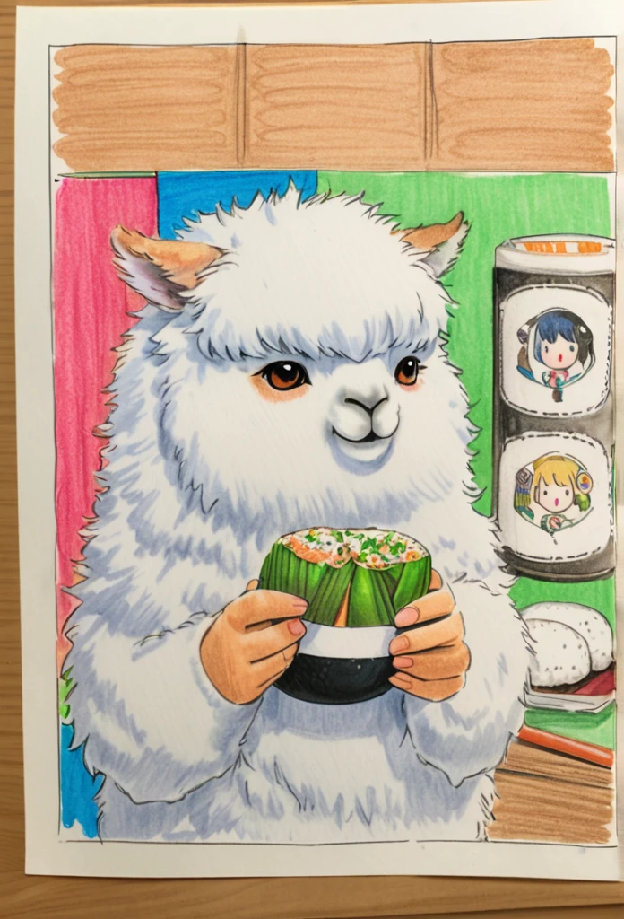 Alpaca Holding an Onigiri 、Art，ad，colour pencil drawing，draft drawing ，comic collage