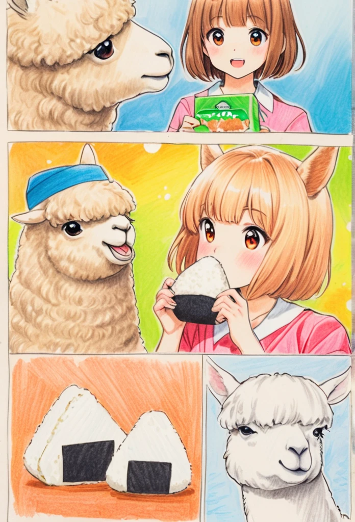 Alpaca Holding an Onigiri 、Art,ad,colour pencil drawing,draft drawing ,comic collage