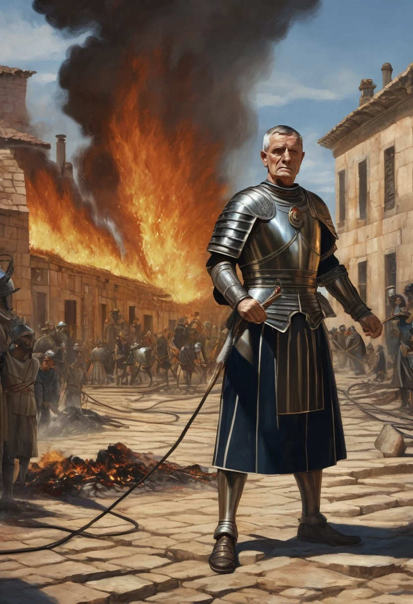 "A detailed image of Crassus standing confidently, watching his workers extinguish the flames of a recently purchased property. The scene reflects his calculated and opportunistic nature."
Size: "1024x1024"
