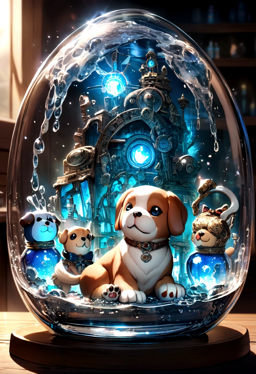 Glass with puppy figurine, soda water inside.