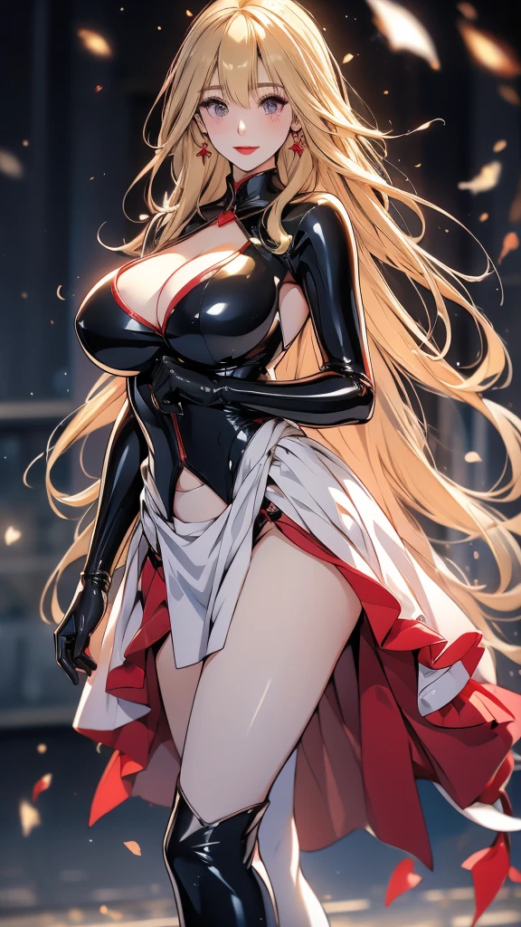 25 year old beautiful girl，long blonde hair，Smile，Huge breasts，Transparent white full body tights，Leave space in the middle to reveal 劈裂，Soaked all over，blush，Red eyes，female spy，Black gloves，Black boots，Science fiction，future，Robot warehouse，A pistol was hung around his waist，no bangs，earrings，Lipstick