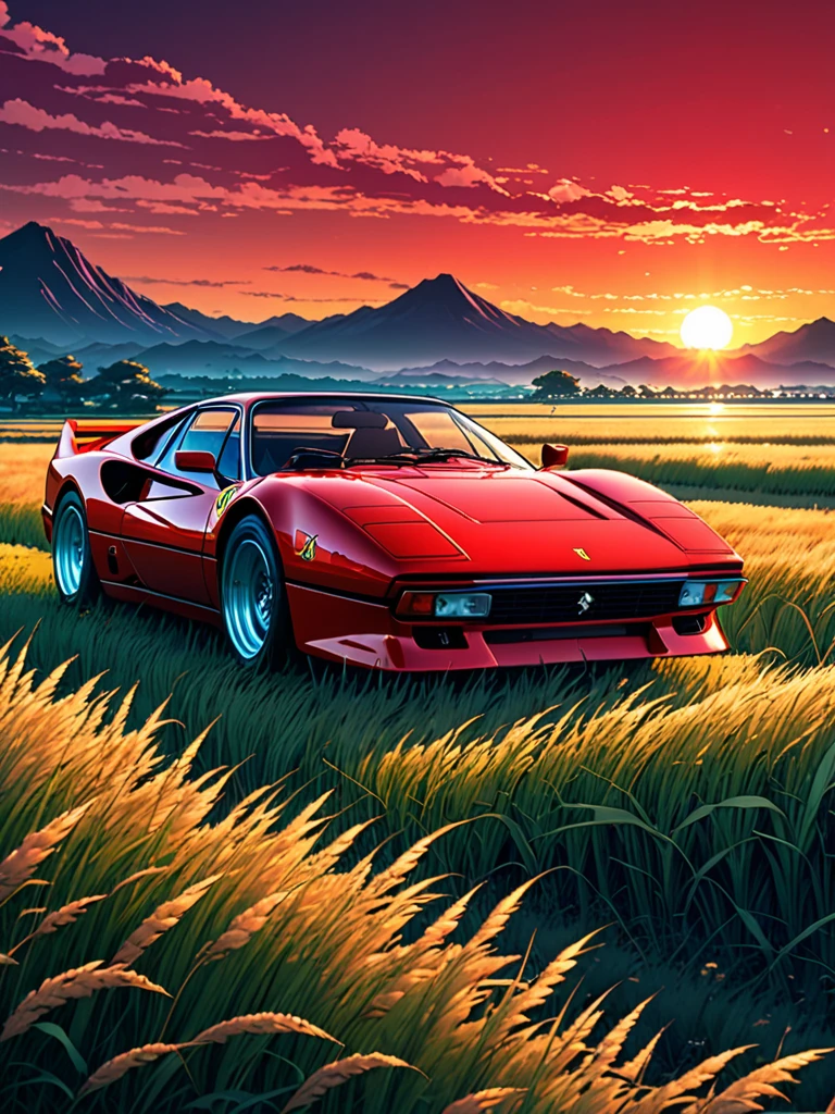 anime landscape of A pearl super sport red pearl classic Ferrari 288GTO sport sits in a field of tall grass with a sunset in the background.beautiful anime scene, beautiful anime peace scene, Makoto Shinkai Cyril Rolando, beautiful anime scene, amazing wallpaper, anime art wallpaper 8k, anime background, artistic anime background, anime wallpaper 4k, anime art 4k wallpaper, anime wallpaper art 4k,