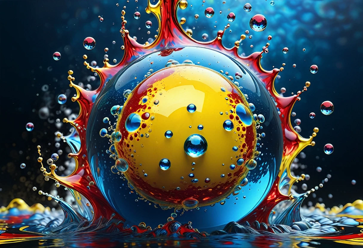 image of a yellow ball with bubbles and red-blue flames, Water particules, Water particle in front, Bubbling liquids, liquid fire, ferro liquid of arbitrary shape, ferro liquid oceans, Water particles, psychedelic droplets of Water, colorful ferro liquid armor, fractal!! Water, coated with ferro liquid. SLR camera