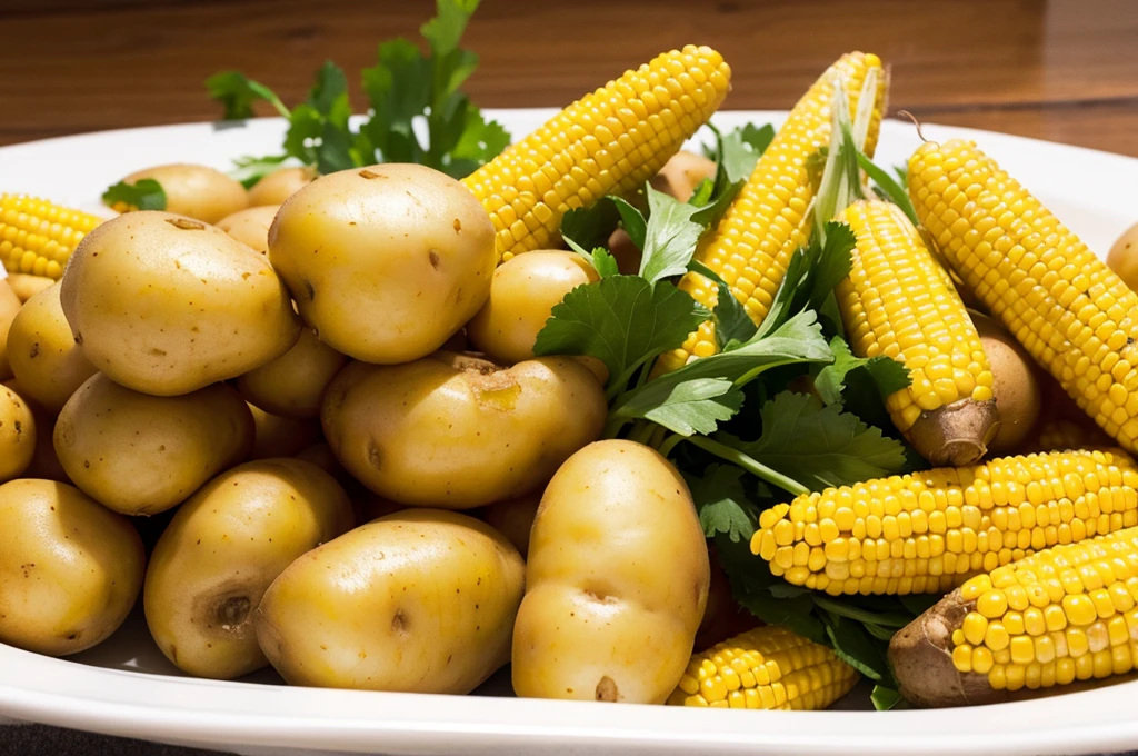Harvested potatoes and corn