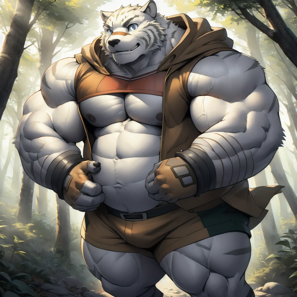 Animal kingdom Tank Hero Academia Shonen Anime style, full body image, Casual, neighborhood style, big obese teen, in sport clothes, He is a huge obese Sumo in huge obese weight gain process, detailed face, detailed eyes, detailed nose, defined face, big belly, high resolution settings, settings to fix face, high resolution settings, face fix settings, Whismical model, detailed eyes, detailed hands best quality,realistic lighting, male, anthro,muscular, muscular male, solo, bodily fluids, abs, pecs, muscular anthro, hi res, nipples, detailed background, forest, (yohei:1.2), (perfect eyes:1.2),white fur,  (ultra detailed paws)