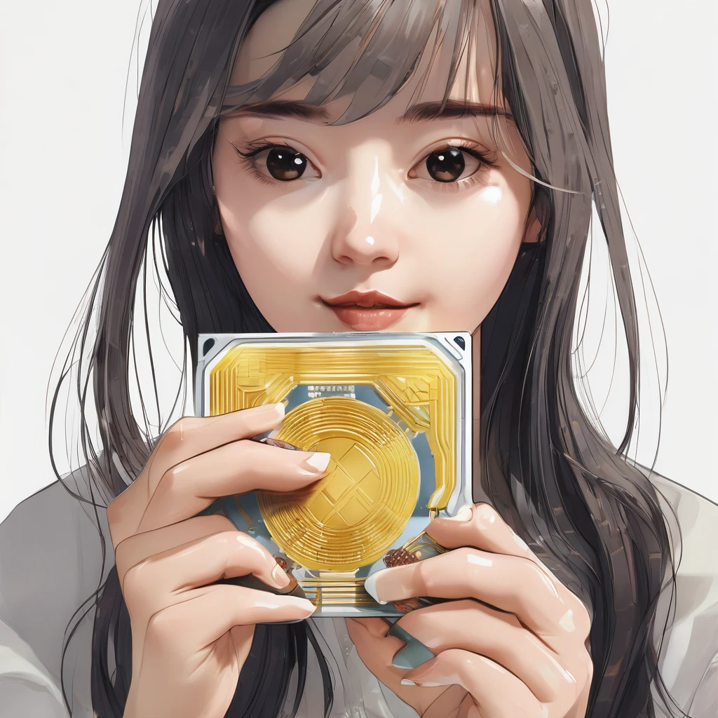 white background, holding a chip with both hands
