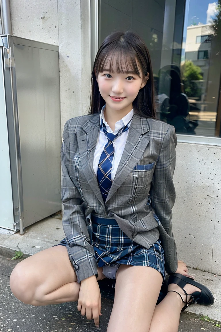 (8K), (highest quality: 1.2), (realistic), (realistic: 1.37), ultra high resolution, (1 girl、), cute, smile, closed mouth, beautiful details, beautiful nose, wet hair, giant dulcefo, pork, thighs,Self snap,High school Student Uniform,(A simple navy blue blazer),pleated skirt,(The skirt and tie are gray tartan check pattern....:1.3),(sitting:1), sit on the ground,(hug your feet:1),white pantyhose,from the front,knees、loafers、Low - Angle、From the front view、Checkered Pleated Skirt、Ponytail 1.2、Knee-high socks、barefoot、((Between the legs、Panties that fit the female genitals、White panties、膝を上げて、お尻を床に付けて座る))