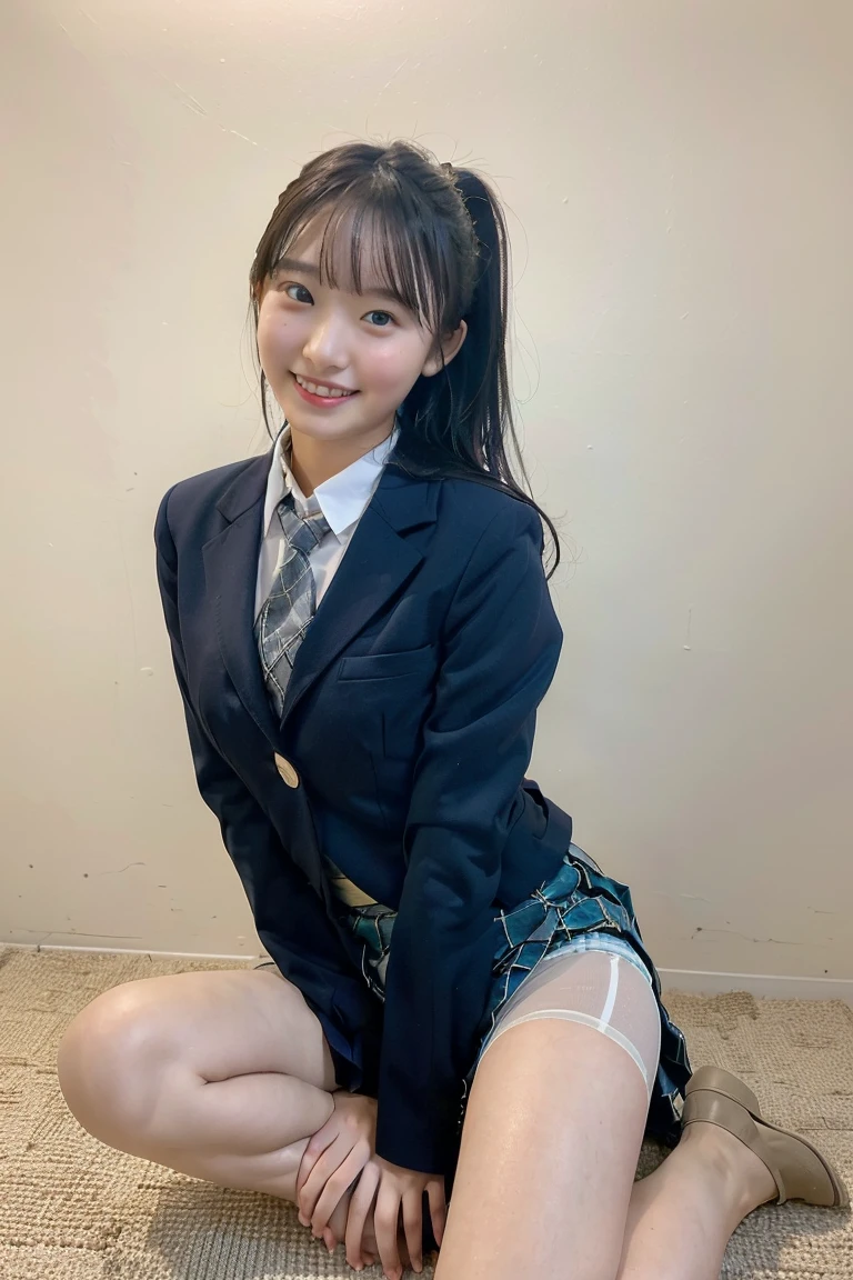 (8K), (highest quality: 1.2), (realistic), (realistic: 1.37), ultra high resolution, (1 girl、17 years old), cute, smile, closed mouth, beautiful details, beautiful nose, wet hair, giant dulcefo, pork, thighs,Self snap,High school Student Uniform,(A simple navy blue blazer),pleated skirt,(The skirt and tie are gray tartan check pattern....:1.3),(sitting:1), sit on the ground,(hug your feet:1),white pantyhose,from the front,knees、loafers、Low - Angle、From the front view、Checkered Pleated Skirt、Ponytail 1.2、Knee-high socks、barefoot、((Between the legs、Panties that fit the female genitals、White panties、膝を上げて、お尻を床に付けて座る))