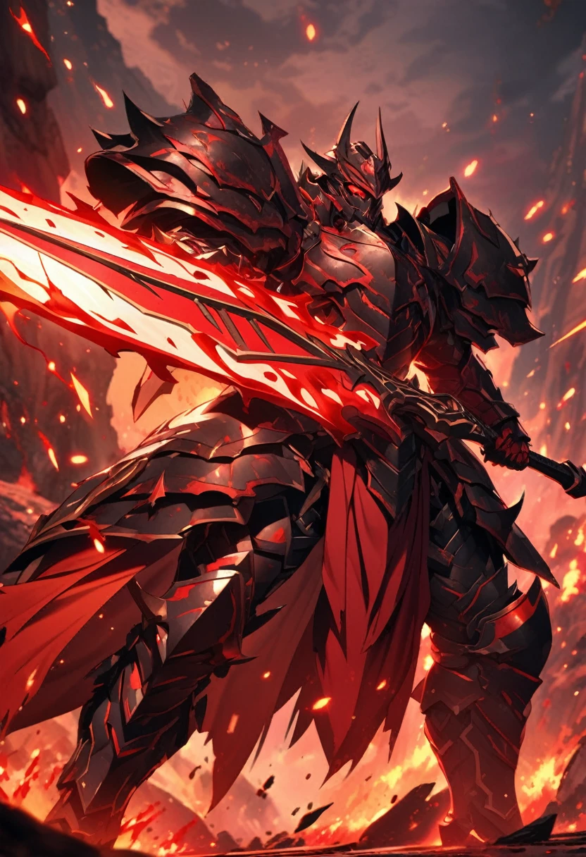 an extremely detailed 4k of a warrior clad in primal heavy armor made of red lava with lava spewing out as well, wielding a primal red lava 2 handed greatsword