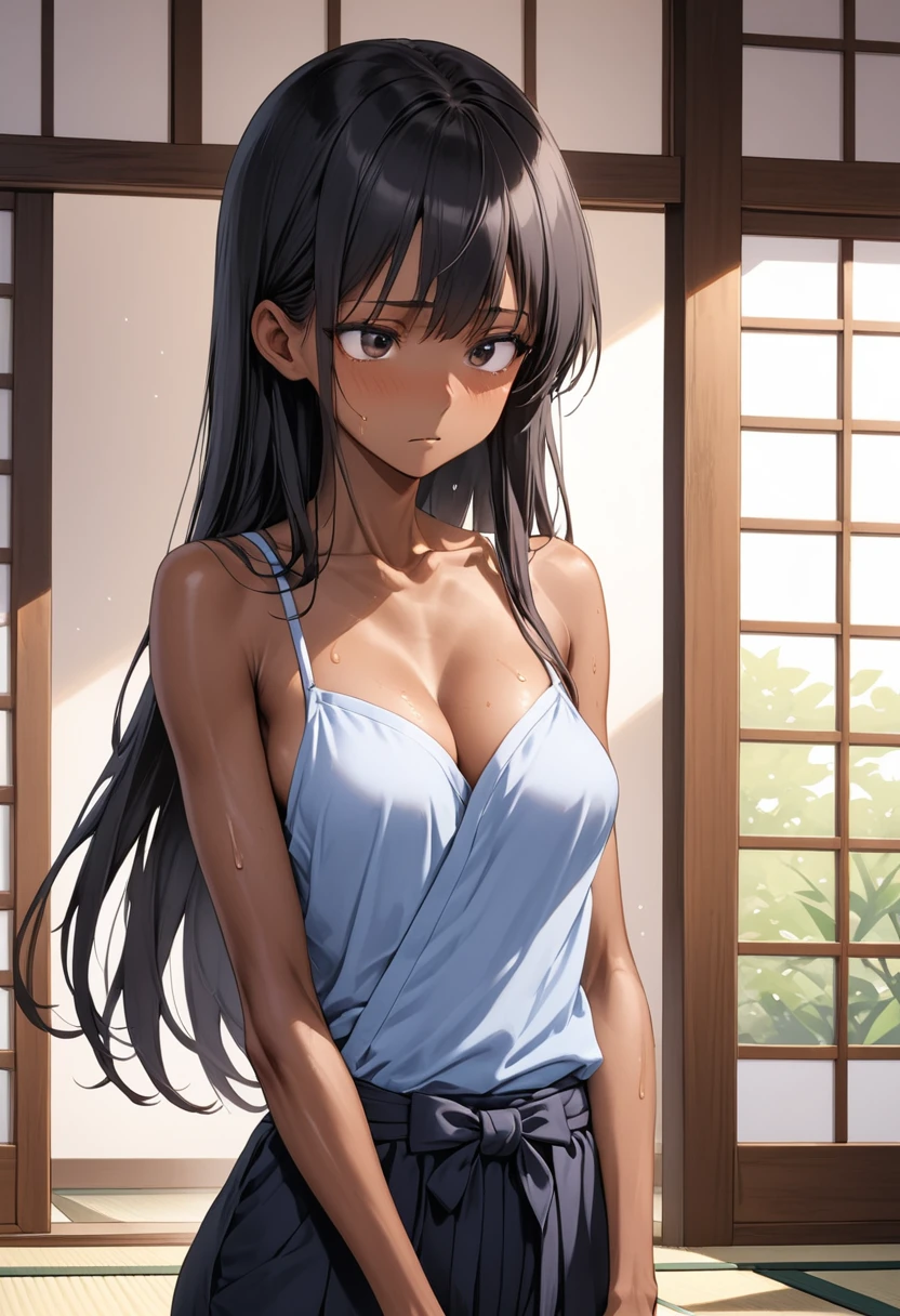 (masterpiece,Highest quality:1.3,best quality illustration),cowboy shot,1woman,25 year old Japanese beauty、black hair,long hair,bangs,black eyes,gorgeous eyes,((very small head)),shy,medium breasts,(tan skin, gleaming skin,toned body,slender body, skinny),sweat,White kimono、Open chest、Black Hakama、Tatami floor、Japanese house、