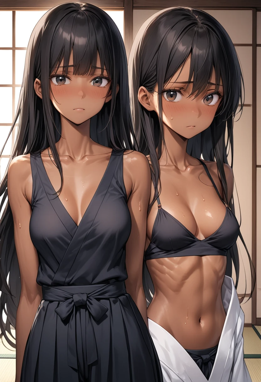 (masterpiece,Highest quality:1.3,best quality illustration),cowboy shot,1woman,25 year old Japanese beauty、black hair,long hair,bangs,black eyes,gorgeous eyes,((very small head)),shy,medium breasts,(tan skin, gleaming skin,toned body,slender body, skinny),sweat,White kimono、Open chest、Black Hakama、Tatami floor、Japanese house、