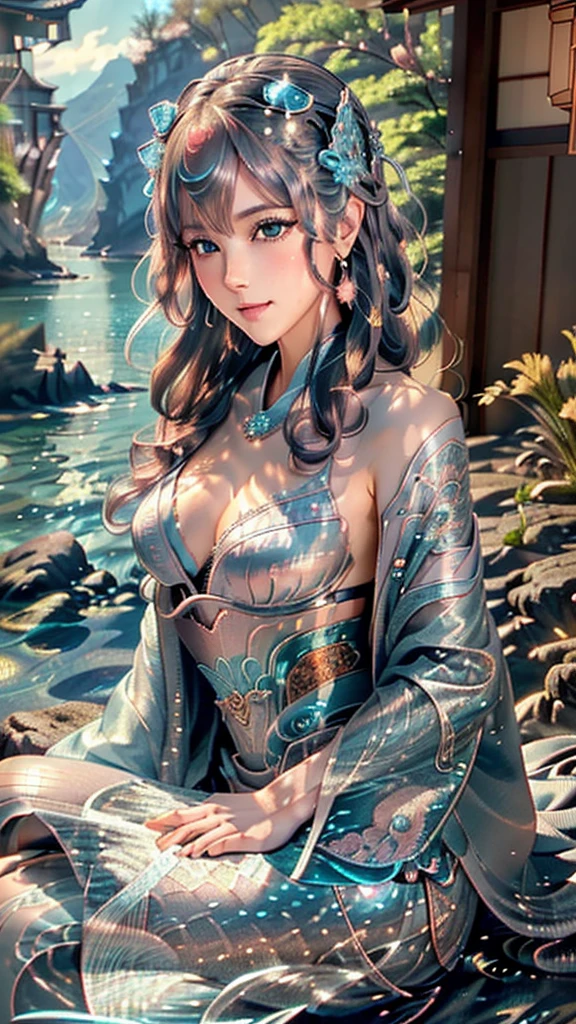 (super realistic photorealistic image:1.5), (cute and beautiful face, pink wavy hair, soft and light blue eyes that exude warmth and tenderness, tight body, covered with fish scales to emphasize her mermaid status, large and graceful fish tail in place of legs, which are also covered with scales and fused with cyberpunk electronics and tubes, elegantly dressed in a revealing kimono with traditional Japanese patterns:1.5) also covered with scales and fused with cyberpunk electronics and tubes:1.5), elegantly dressed in a revealing kimono decorated with traditional Japanese patterns (she sits seductively on a rock by the sea:1.5), and in the background a distant neo-Tokyo cityscape lit by neon lights, lighting, The colors and mood of the scene are powerful and cinematic, with the beautiful seaside scenery and the soft glow of the city lights creating a fantastic atmosphere, the design and details are ultra-clear and detailed, emphasizing the mermaid-like appearance with prominent fish tail, shimmering skin scales and cyborg elements, the image is top quality and ultra-realistic Photographs of the highest quality