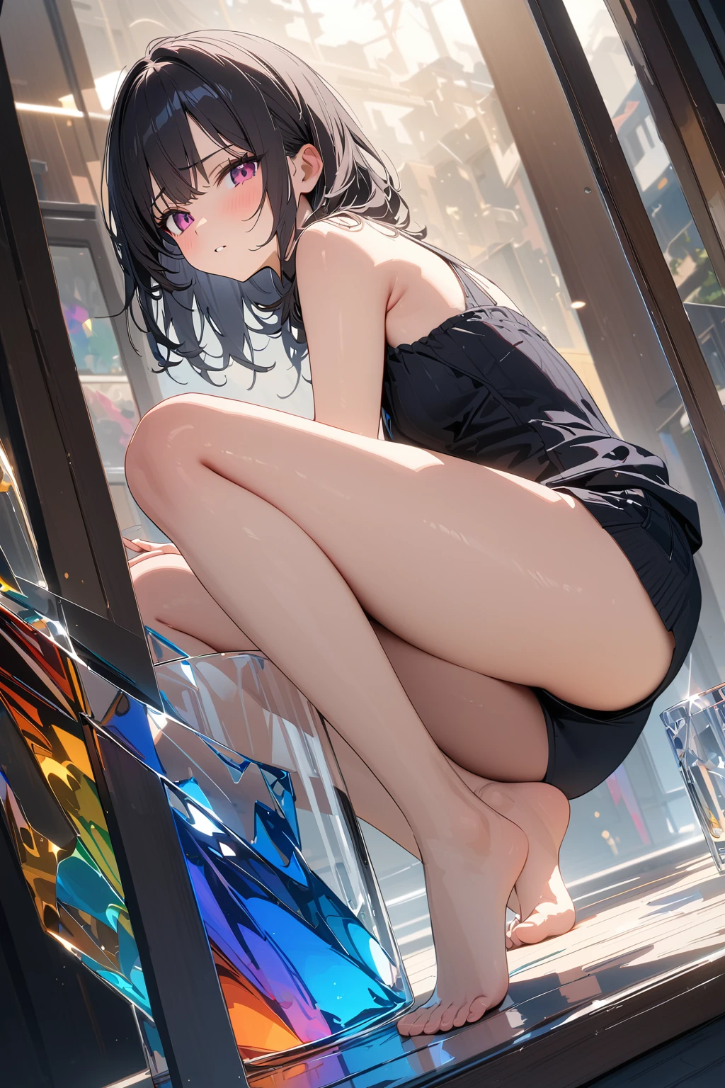 (masterpiece, best quality:1.5), (ultra detailed, high resolution, 8k, beautiful detailed, UHD, best anatomy), black hair, small breasts, 1girl, barefoot, glass art, glass, Beautiful gradation, wondrous, break glass, Glass background