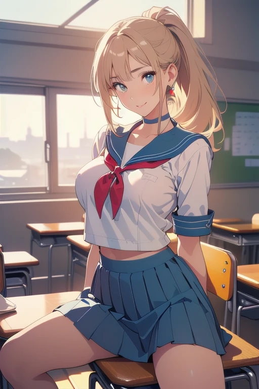 nsfw:1.6, Top quality, masterpiece, ultra high resolution, , (top quality, high resolution, 4K, detailed lighting, shaders, perfect anatomy, perfect proportions), eye of the beholder, (masterpiece, top quality) (top quality, 4K, 8K, high resolution, masterpiece: 1.2), highly detailed, (masterpiece: 1.3, top quality, ultra high resolution, ultra detailed), (top quality: 1.2), perfect eyes, perfect face, perfect lighting, (top quality, 4K, 8K, high resolution, masterpiece: 1.2), highly detailed, (top quality, 4K, 8K, high resolution, masterpiece: 1.5), highly detailed, masterpiece, top quality, ultra detailed, top quality, high resolution, 32K CG, very delicate and beautiful, illustration, high resolution, sharp focus, front lighting, glow, girl 1 person, solo, smiling, very beautiful and detailed anime face, very detailed eyes, ((masterpiece)), ((best quality)), (super detailed), ((cute)), cute, ((very detailed)), 4K, (8K), best quality, (best quality, 8K, 32k, masterpiece, super high resolution, very detailed, impressionistic:1.2), blurred background, (((two arms))) , (((two foot))), (((four fingers and 1 thumb))), Best quality , ((only one naval)),
(((Beautiful high school girl))). (White blonde hair). ((((Sailor uniform)))). ((((Shirt rolled up to expose breasts)))). (((Pleated skirt rolled up))). (Breasts: Neatly trimmed blonde pubic hair). ((Ponytail)). ((Hair neatly tied up on top of head)). ((Bangs swept to the side to show forehead)). Beautiful blue-green eyes. ((Realistic pupils)). (Plump lips with rouge). ((Big breasts)). (Full breasts). (Well-shaped breasts). (Small pink nipples). (Neat waist). Perfect proportions. ((Slender body)). ((Well-proportioned body)). ((Sexually alluring)). Smiling. (((White choker))). Earrings. Necklace. Bracelet. Anklet. ((Sitting in a chair and stretching)). ((Bust up)). ((High school classroom)). Relaxing. ((Beautiful and realistic background)). ((Evening)).