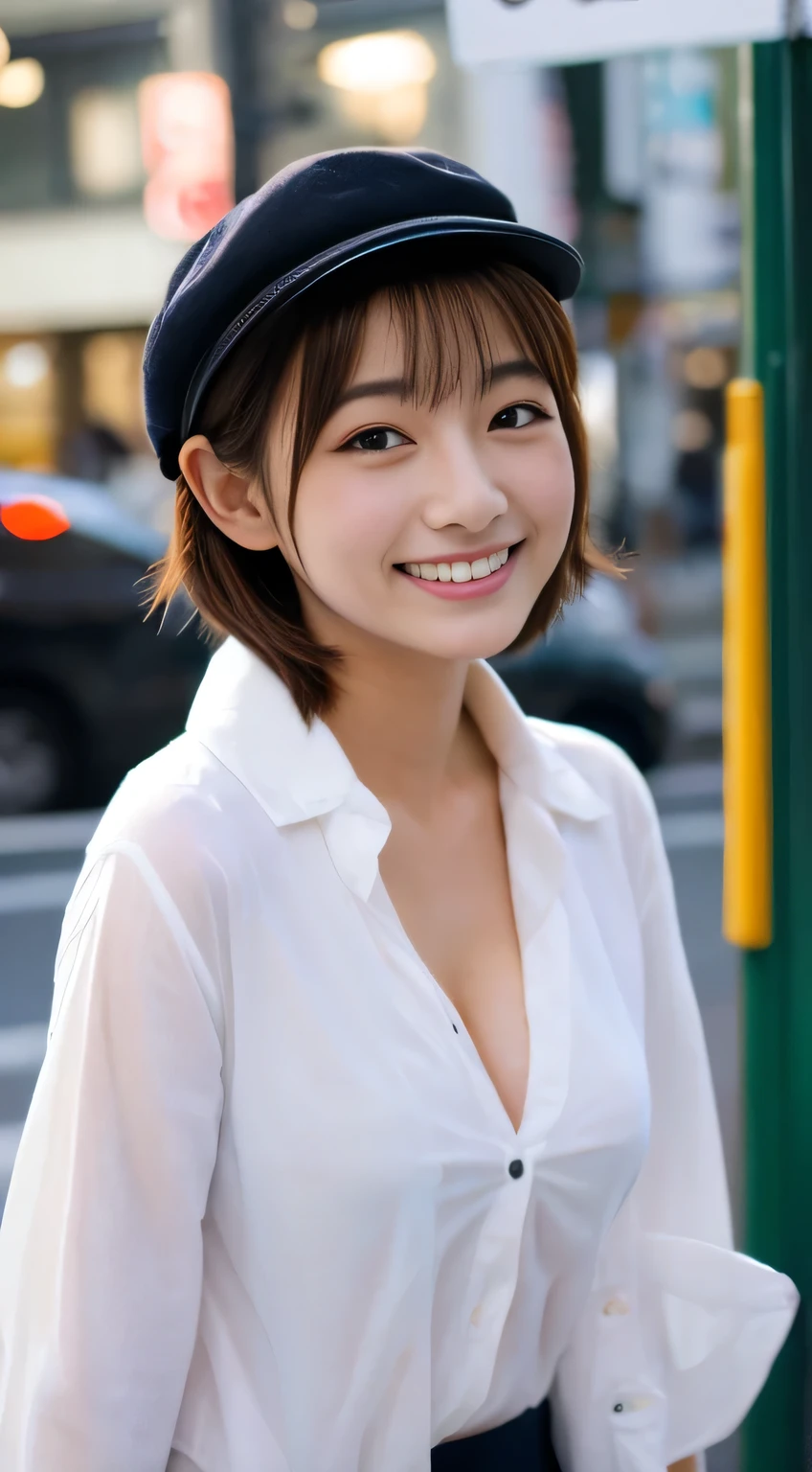 masterpiece,best quality,(Japanese ),((Beautiful girl)),cleavage,(perfect body beauty:1.2),(shy smile),beautiful teeth,(hat),(Shibuya scramble crossing),A white button-up shirt made of very thin fabric,