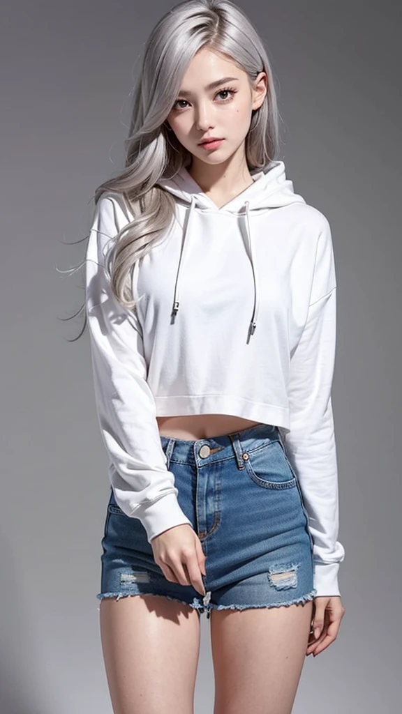 Realistic, masterpiece, Highest quality, Highest Resolution, Anatomically correct, Accurate Anatomy, (Gray blank background:1.3), (1girl:1.3), 20-year-old, Height: 165cm, Shot from thigh up, (Thick thighs:1.2), (Long Hair, Straight Hair, Silver Hair:1.3), (Squint your eyes, Sharp Eyes, (Iris:1.2)), (Hidden eyelid wrinkles:1.2), Thin eyebrows, Draw eyelashes carefully, Natural Makeup, Chin up, Grin, Slightly to the side, (White hoodie and denim hot pants:1.3), (バーカーのフードはかぶらない:1.3), (アントチェアに座って足を組んで:1.3)