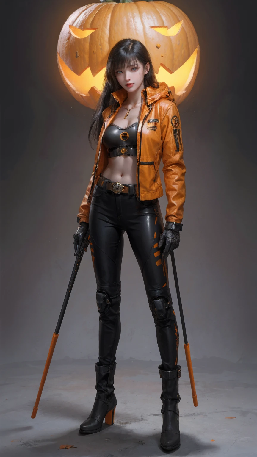 1girl,solo,(realistic:1.2),cyberpunk, cyborg, halloween,  jack-o'-lantern, mechanical_arms, orange_jacket, orange_pants, orange_shirt, pumpkin, science_fiction, simple_background, gloves, standing, jacket, cowboy_shot, urban techwear, outfit