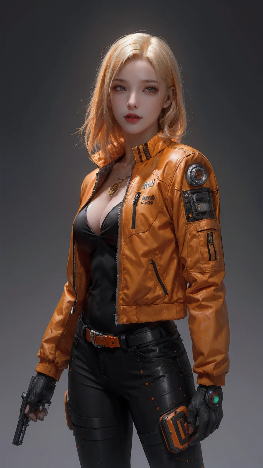 1girl,solo,(realistic:1.2),cyberpunk, cyborg, halloween,  jack-o'-lantern, mechanical_arms, orange_jacket, orange_pants, orange_shirt, pumpkin, science_fiction, simple_background, gloves, standing, jacket, cowboy_shot, urban techwear, outfit