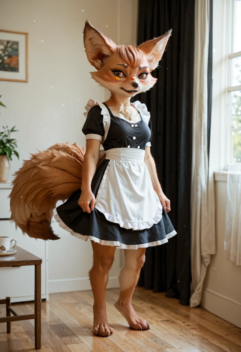 Score_9, Score_8_up, Score_7_up, Score_6_up, Score_5_up, Score_4_up, source_anime, female furry, furry, anime style, vulpera, standing, cumdrip, after anal sex, maid, indoor