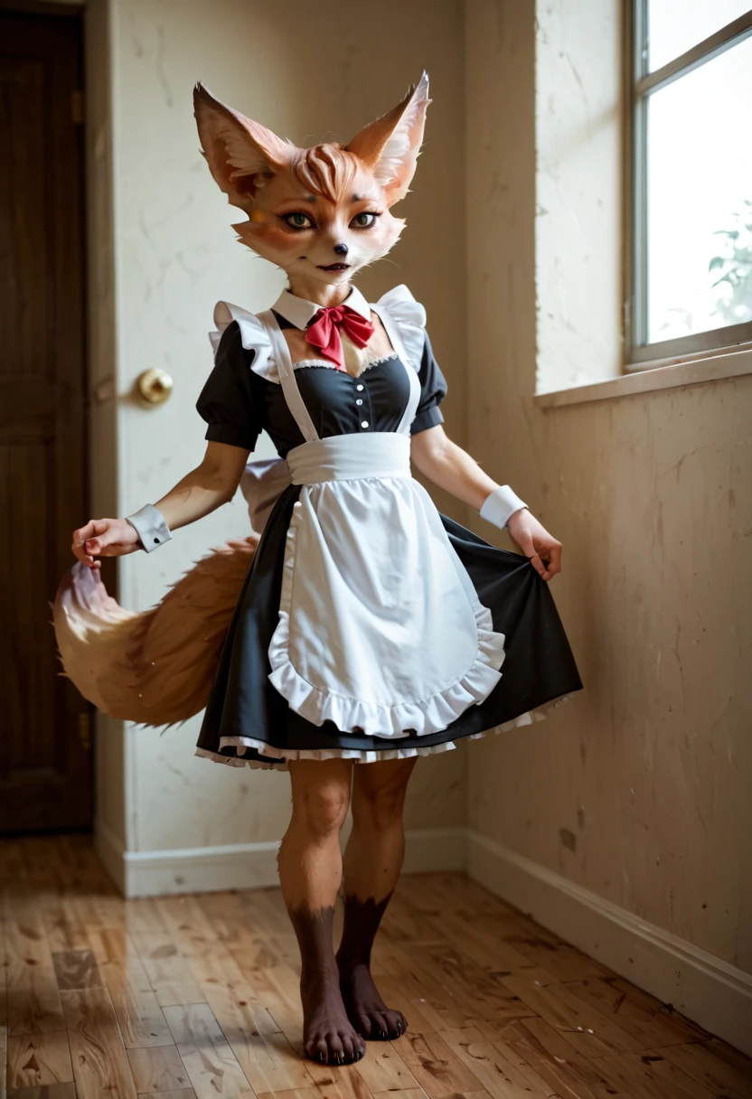Score_9, Score_8_up, Score_7_up, Score_6_up, Score_5_up, Score_4_up, source_anime, female furry, furry, anime style, vulpera, standing, cumdrip, after anal sex, maid, indoor