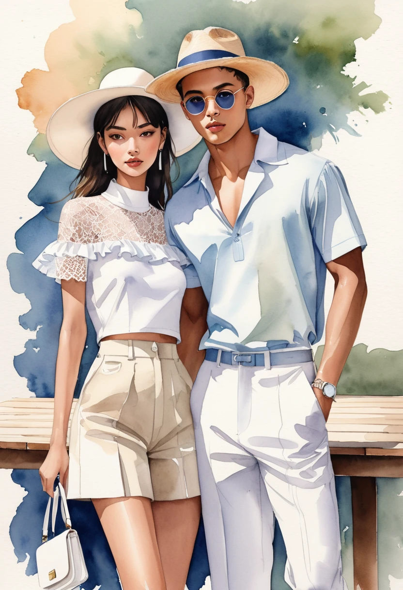 candid fashion illustration of young Mixed race man and woman, both aged 25 year old, ((showcase fashion look book in mixed pastel Earth-tone outfits)), inspired by Jacquemus's resort collection 2024, in elegant young chic Nautica style. The man wears an oversized short-sleeved stripe shirt lace details, paired with relaxed-fit white Wide Leg short pants, comfortable and a classic silhouette. He completes his look with white sneakers and round glasses. The woman complements him in a white mini sun-dress, in cotton woven fabric frill-trimmed neckline with minimal lace detail, Her ensemble includes an accessorizes with a brimmed straw hat, white sneakers, Captured in a dynamic angle, ((full-body image)), ((imperfect pale water color background)), sketching, realistic drawing, imperfect water color drawing, fashion look book, fashion illustrator, sketch design, water color palette, wooden table, extremely gorgeous background,