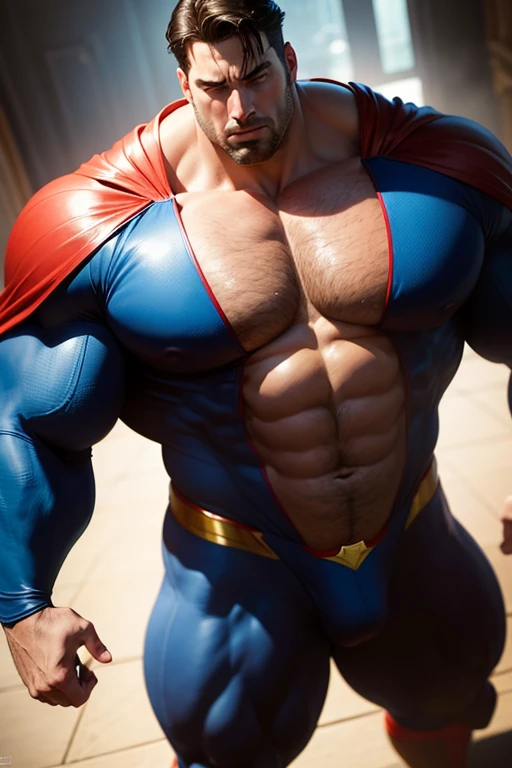 The Big show as superman with enormous muscles, wide huge pectorals dressed as a superman, hairy chest, full body, abnormal, oversizing crotch bulging crotch,