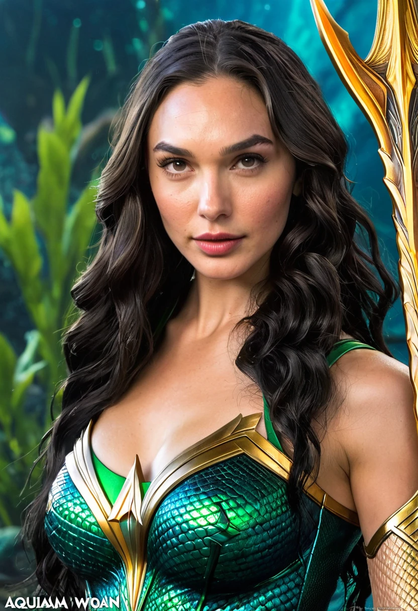 (((Extreme close-up GAL Gadot under the mantle of the Amazon warrior Wonder Woman (((Aquaman Costume))),(((Long thick black hair))),(((Diaema Wonder Woman))),(((Front Images))),(((Splash color images))),(((Aquaman Costume))),(((Abundant hair)))