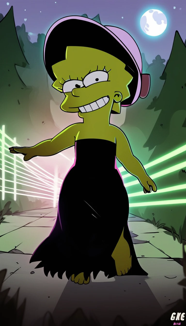 source_cartoon, (((1girl, solo, alone, lisa_simpson, short hair, flat chest, colored skin, green skin, shortstack))), looking at viewer, angry, smile, parted lips,

      glowing neon lights, standing, black witch hat, black witch robe, pink glow, pink magical energy,

 sexy pose, dynamic pose, dynamic angle, cowboy shot,

outdoor, forest, night, moon,