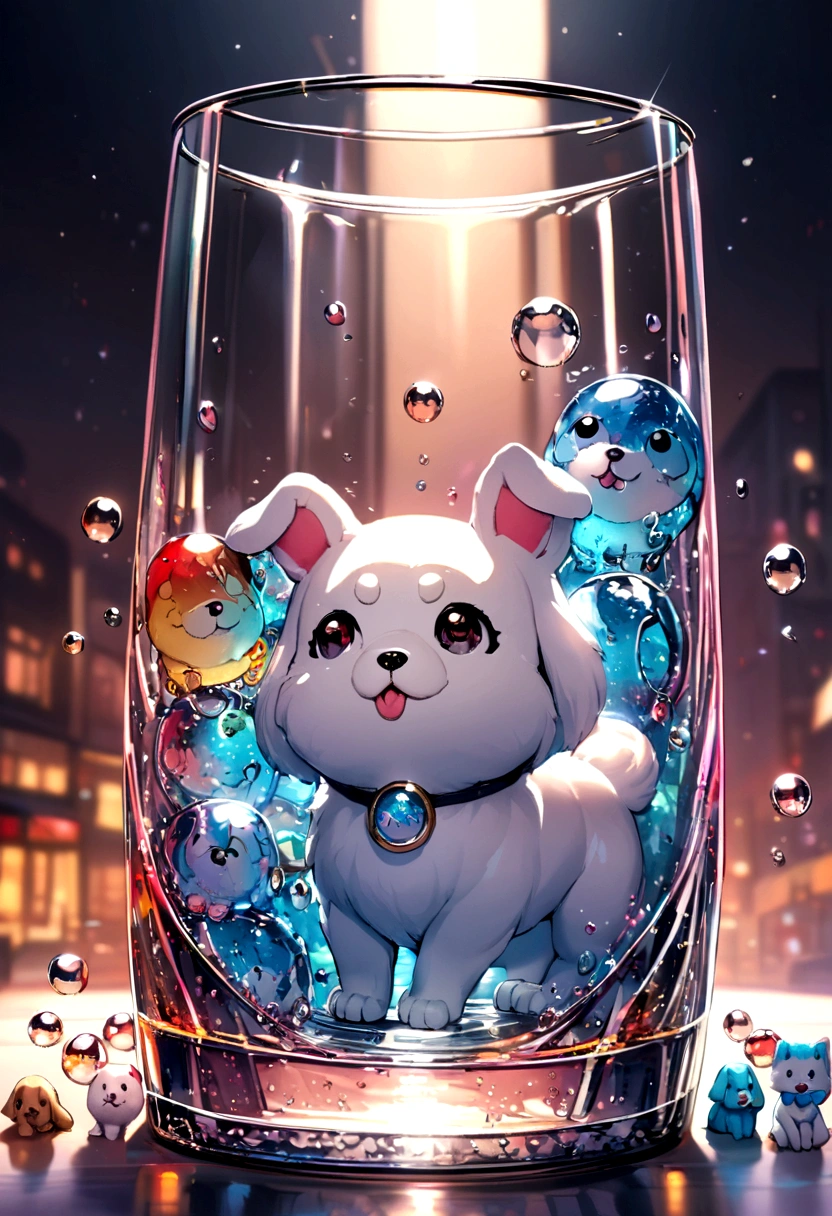 Glass with puppy figurine, soda water inside.