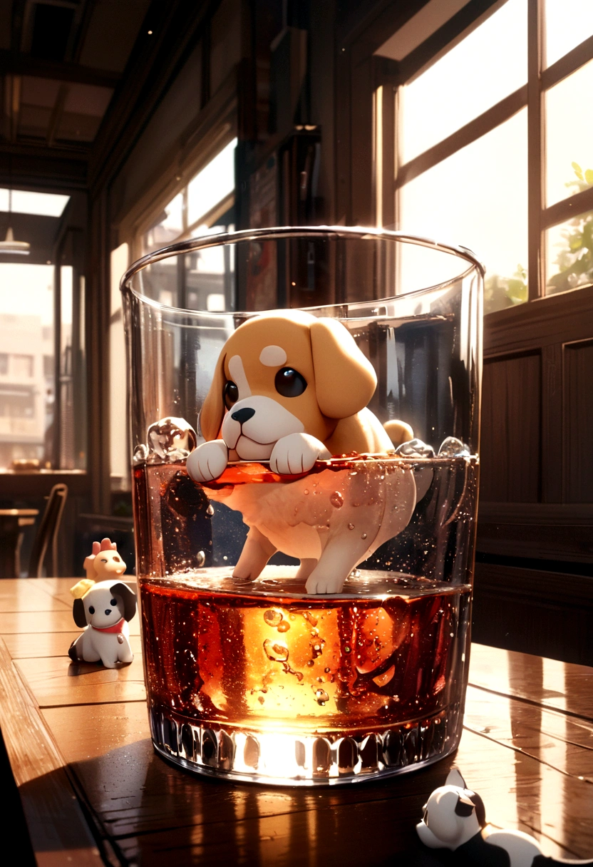 Glass with puppy figurine, soda water inside.