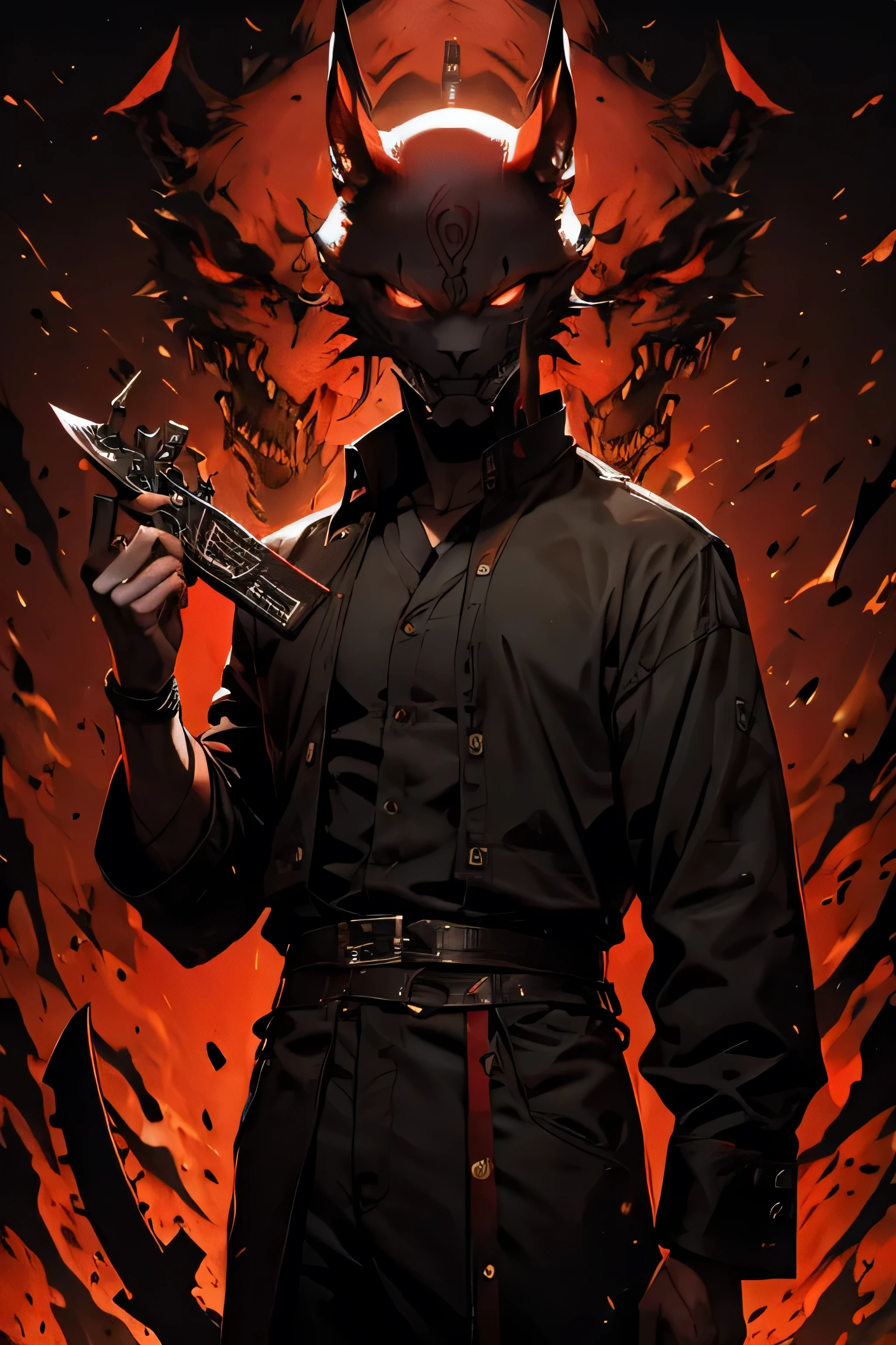 chico hairless, with broken red Oni mask, knives in hand, black nails