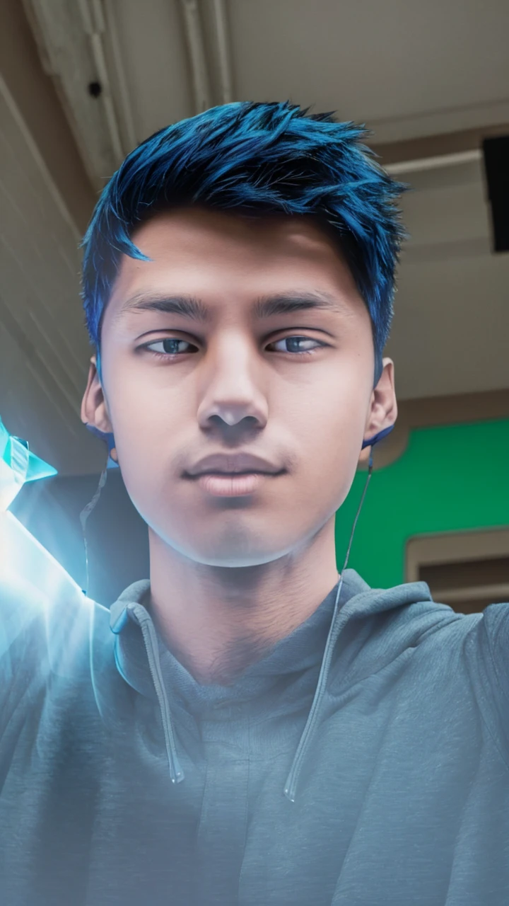 create a picture of a young man with blue hair wearing a black jacket with a blue gradient with a glowing side standing in a stylish pose and a dark background with a white gradient