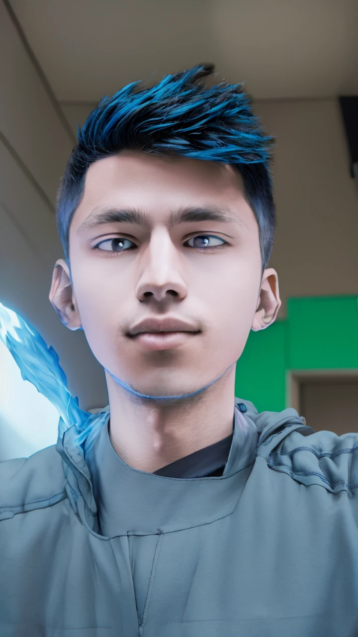 create a picture of a young man with blue hair wearing a black jacket with a blue gradient with a glowing side standing in a stylish pose and a dark background with a white gradient
