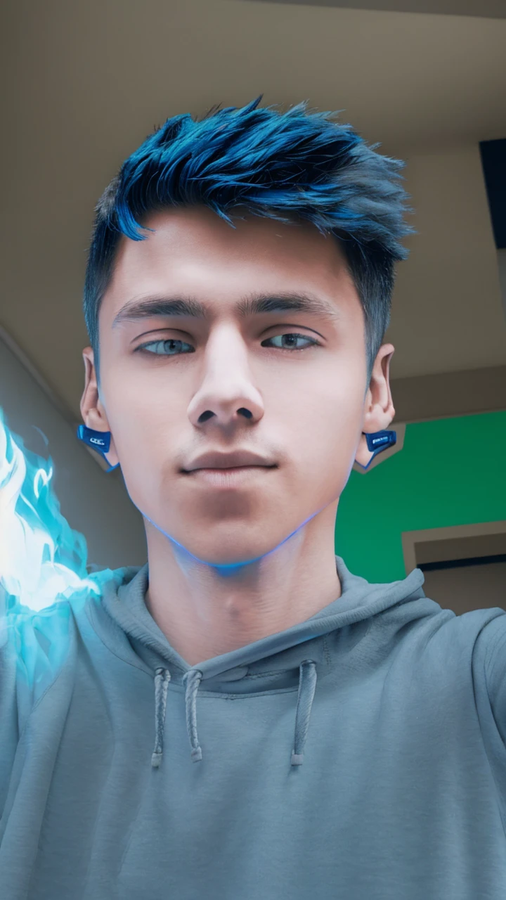 create a picture of a young man with blue hair wearing a black jacket with a blue gradient with a glowing side standing in a stylish pose and a dark background with a white gradient