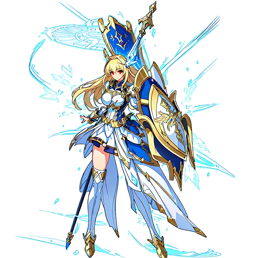 Highest quality, high resolution, High quality game art style, Official Art, whole body, Smooth game CG art, Cute 3D anime girl render, Visual Novel Sprites, White background, whole body, Smooth anime CG art, humanoid woman, JRPG Characters, A woman in a white dress and blue armor holding a spear, Anime Goddess,Opal Armor, White feathered helmet,An intricately designed shield,Armor Girl, Exquisite white and gold armor,Golden Hair Anime Girl, Red eyes, long hair, Rin々Lady Knight,Large Bust,,