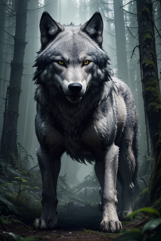 a large gray wolf, extremely detailed anatomy, muscular body, sharp teeth, piercing eyes, standing in a lush forest, dramatic lighting, moody atmospheric, (best quality,4k,8k,highres,masterpiece:1.2),ultra-detailed,(realistic,photorealistic,photo-realistic:1.37),wildlife,nature,cinematic
