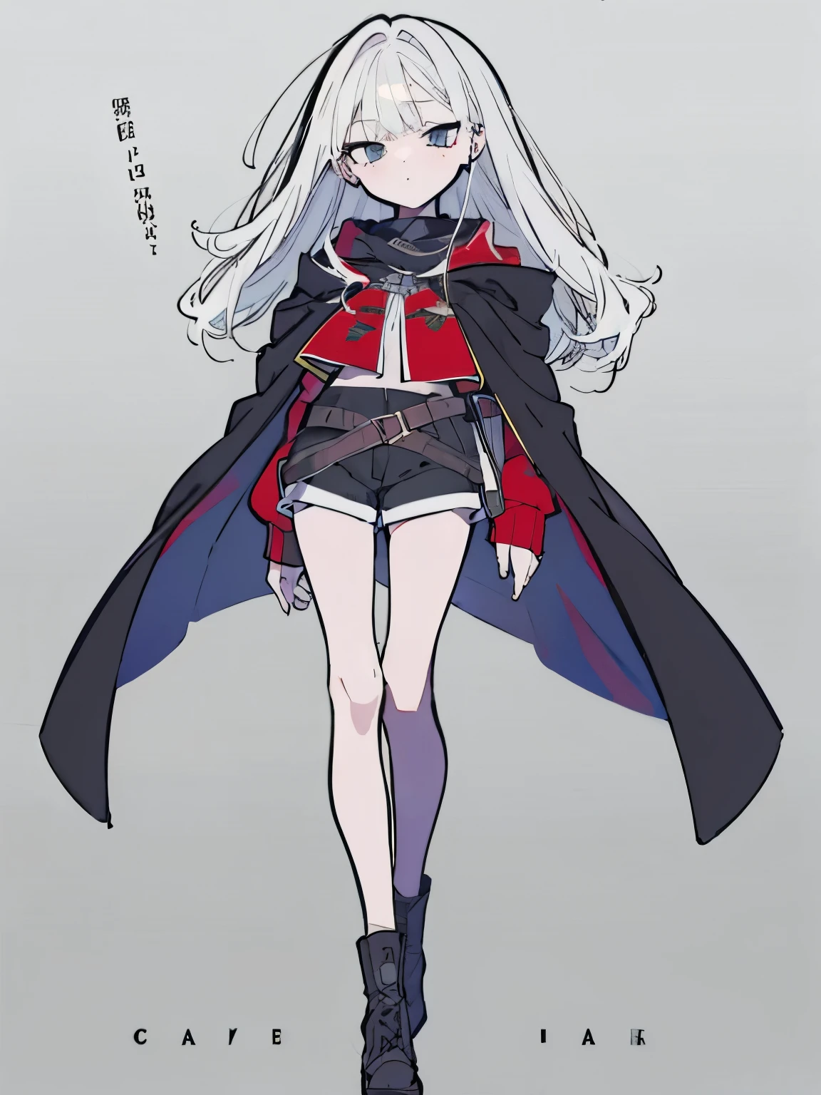 White hair,Waist-length hair,beautiful girl,No Expression,whole body,Height 145 cm,Black shawl cloak,A cloak that covers the body,Different world,HD,8K,detail,whole body,Over the knee socks,s socks,Red vest,Black shorts,Ankle boots,No background,With hands,Normal hand