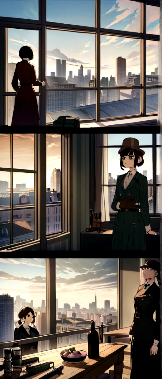 (Peaky Blinder) (girls version), preparing equipment for an assault, apartment, big window, panoramic city view, 4 girls