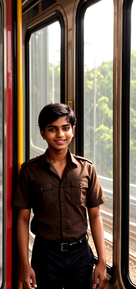 a  Indian bihari boy, short black hair, wearing Edge Square Brown Shirt & pant, he stand in Indian train, looking outside of train , cute smile, a bag on his black, ray tracing, backlighting, modern, 1080P, HD, 4K, 8k, 16k, high quality, best quality, highres